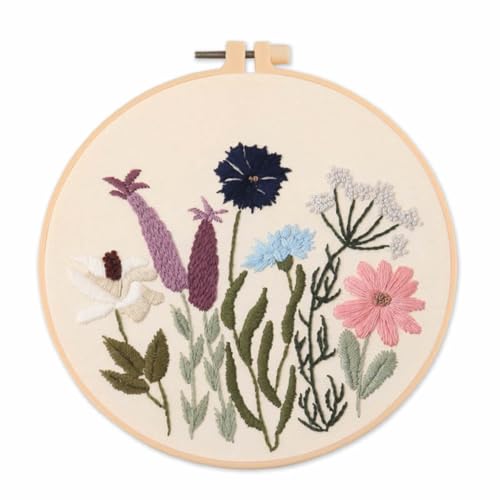 IUHUI Embroidery Kit for Beginners Adults - Thriving Flowers and Plants Easy Patterns, DIY Hand Stitching Embroidery Set with Hoop (Ink Blue Flower) - color: Ink Blue Flower