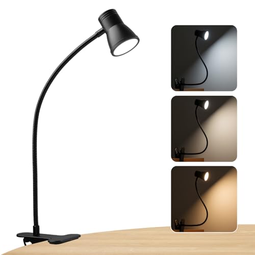 Eye-Caring Clip On Desk Lamp, 3 Color Modes & 10 Brightness LED Reading Light with Clamp, 360° Rotatable Gooseneck Reading Light, Portable Clamp Lamp for Bedroom, Office and Study (Black-Small)