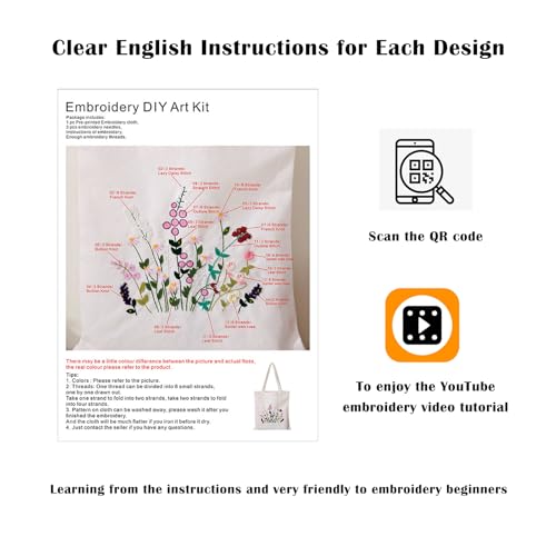 Vigdit Canvas Tote Bag Embroidery Kit for Beginners, Needlepoint Cross Stitch Kit for Adult Beginner, DIY Reusable Grocery Bags Embroidery Starter Kit with Stamped Floral Tools & Instructions - color: Flower4