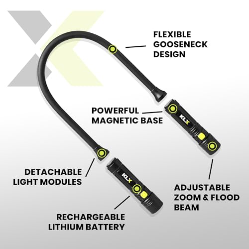 KLX Magnetic Neck Light - Hands-Free Detachable Zoomable Magnet Flashlight, Rechargeable Book Light, Flexible Neck Work Lamp for Reading, Camping, Repairing, Mechanics, DIY