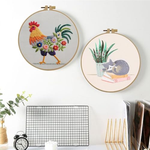 Esffaci Embroidery Starter Kit for Adult Beginner with Funny Rooster Flowers Pattern Hand Embroidery Set with Cloth Hoop Needle Threader Floss and Instruction - color: Rooster