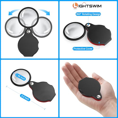 Neck Wear Magnifying Glass with Light for Close Work, 5.5 Inch 5X Handheld Lighted Magnifier for Reading Books, Included 2PCS Upgrade 10X Small Magnify Glasses with Protective Sheath