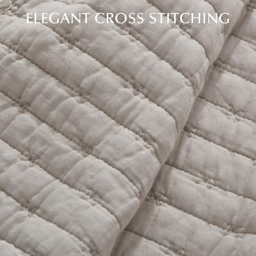 EVERGRACE 100% Cotton Cross Stitch 3-Piece Quilt Set, Queen, Taupe - color: Taupe, size: Full/Queen (92" X 96")
