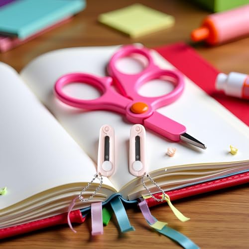 2Pcs Pink Keychain Scissors,Folding Scissors,Safe Portable Travel,Foldable Telescopic Cutter Pocket,Mini Scissor with Keychain for Cutting, Scrapbooking Crafting, Cutting Tools