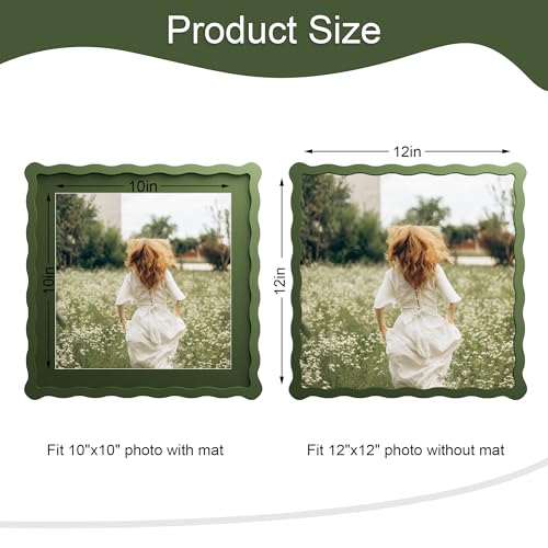 12x12 Picture Frame with Mat for 10x10, Wavy Edge Wooden Real Glass Photo Frame for Wall Hanging, Green, 1 Pack - color: Green, size: 12x12 in