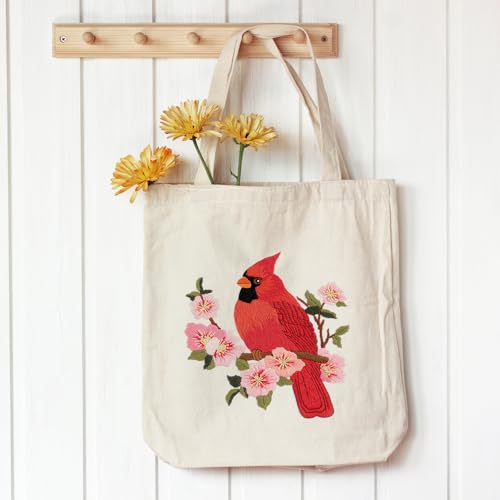 Louise Maelys Cardinal Embroidery Kit for Beginners Canvas Tote Bag - color: Cardinal