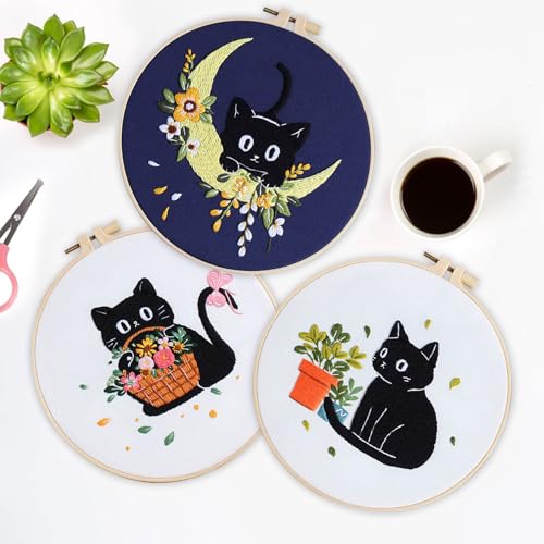 EOBTAIN 3 Pcs Black Cat Embroidery Kit for Beginners, Animal with Floral Embroidery Kits for Adults,Flower Embroidery Starter Kit with Pattern,Hoop,Thread,Needles,Hand DIY Craft Kits for Adults - color: Cat
