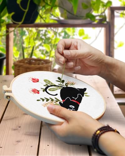 TINDTOP 2 Pack Embroidery Kit for Adult Beginners, Embroidery DIY Starter Kit, with Black Cat and Flowers Stamped Patterns, Hoop, Tools, Colorful Threads with Needles, Instructions - color: Black Cat