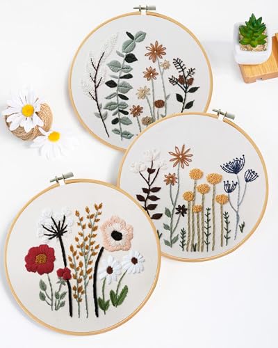 Santune 3 Sets Embroidery Kit,Cross Stitch Kits for Beginners,Needlepoint Kits for Adults with Easy Floral Pattern Hand Crafts,Hoop,Needle,Mothers Day Gifts - color: Flower Series