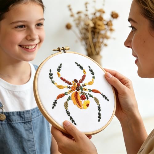 Fall Spider Embroidery Kits for Beginners Adults, Autumn Halloween Embroidery Starters Kits, Stamped Cross Stitch Kits Needlepoint Kits for Beginners Adults, Embroidery Hoop, Thread and Video Tutorial - color: H2128