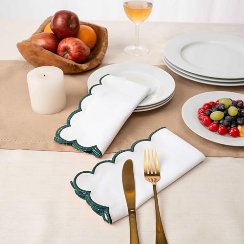 Blue Needles Cotton Scalloped Embroidery Cloth Napkins 17X17Inch - Set of 4 - color: White(edges - Green)