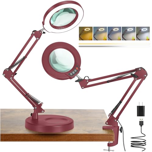 Coyeth 12X Magnifying Glass with Light and Stand, 5 Color Modes Stepless Dimmable 2-in-1 Lighted Magnifier with Clamp, LED Desk Lamp Hands Free for Crafts Hobby Reading Painting Sewing Close Work Red - color: Red, size: 12X 20inch Base & Clamp