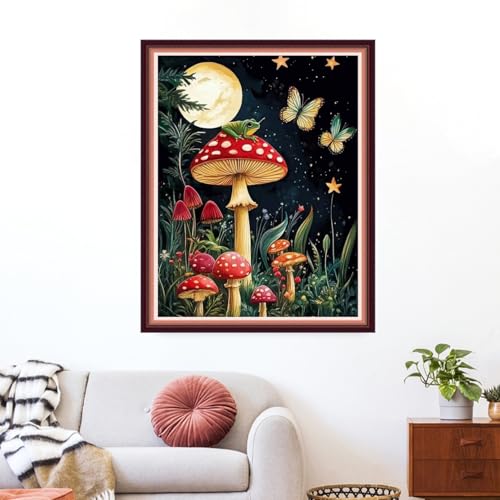 Funxvoot Stamped Cross Stitch Kits for Beginners or Adults Embroidery Starter Patterns | DIY Printed Cross Stitch Kits Needlepoint for Adults 11CT-Mushroom Moon 16x20 inch - color: color04