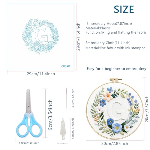 Zhenqing Letter G Embroidery Kit for Beginners, Pre-Printed 29x29cm Cotton Fabric with 20cm Hoop, Elegant Floral Monogram with Daisies Design(C0090)