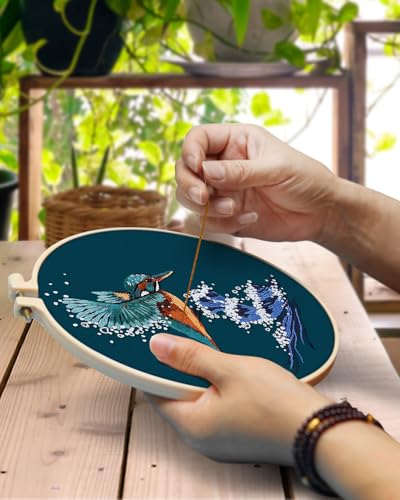 TINDTOP Embroidery Kit for Beginners Adult, Kingfisher Embroidery Kit for Beginners Include Embroidery Cloth Hoops Threads for Craft Lover Hand Stitch with Embroidery Skill Techniques - color: Kingfisher