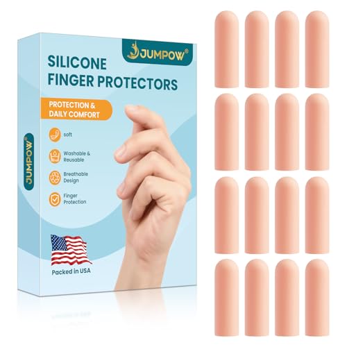 JUMPOW Gel Finger Cots Protectors, Silicone Finger Covers Caps Sleeves Flexible Shields for Fingertip Thumb Protection, Arthritis, Rubbing, Cracking, Hangnail & Pain Relief (Complexion, L, 16PCS)