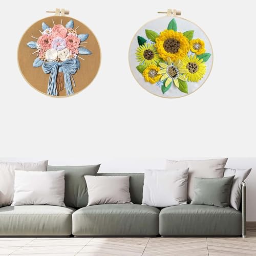 Allazone 2 Sets Embroidery Kit for Beginners, Stitch Practice Kits for Craft Lover Hand Stitch with Embroidery Fabric with Stamped Pattern, Starter Stitch Kits Suitable for Adults (Sunflower) - color: Sunflower