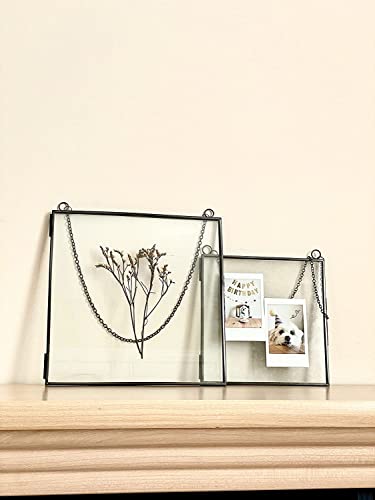 Glass Frame for Pressed Flowers, Leaf and Artwork - 8x8 Black Hanging Square Metal Picture Frames, Clear Double Glass Floating Frame, Wall Decor Photo Display, Set of 2 Flower Press Frames with Chain - color: Gunmetal black, size: 8x8