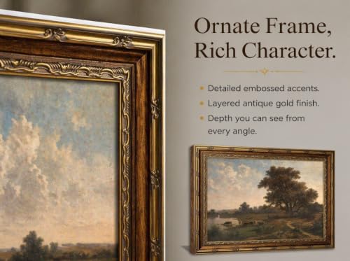 Vintage Gold Framed Landscape Wll ArtRetro Rustic Countryside Wall Decor Classic Rural River Scene Painting Picture Ldyllic Pastoral Scenic Nature Canvas Artwork for Living Room Bedroom Home Decor - color: Riverside scenery, size: 11"L x 9"W