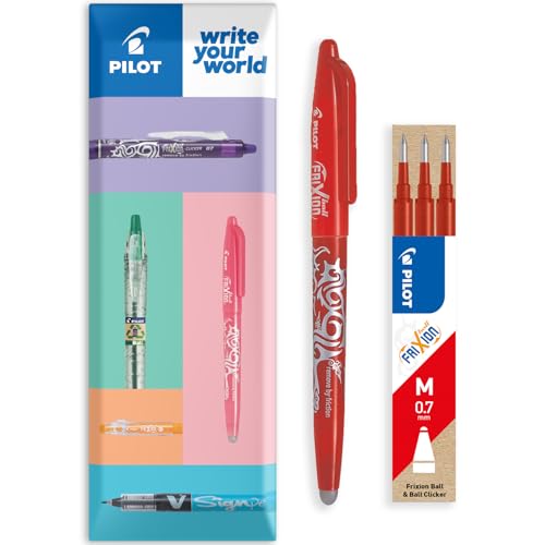 PILOT Frixion Heat/Friction Erasable Rollerball Pen FR7 - Medium Line 0.7mm Tip Nib - In Envelope Gift Packaging - Pack of 1 Pen + 3 Refills (Red) - color: Red