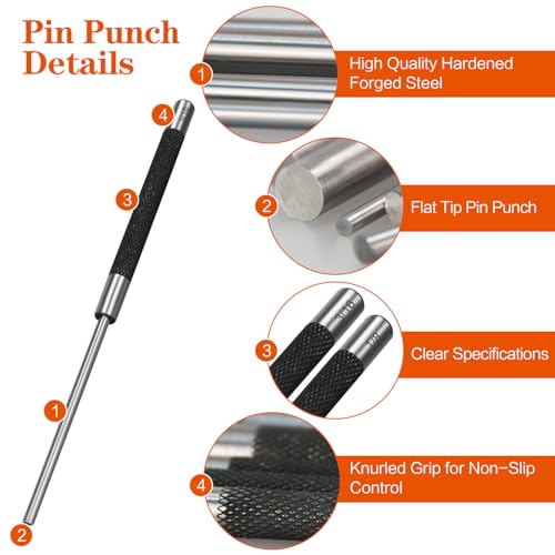 5pcs 8in Pin Punch Set, Including Storage Pouch, Bench Block and Hammer