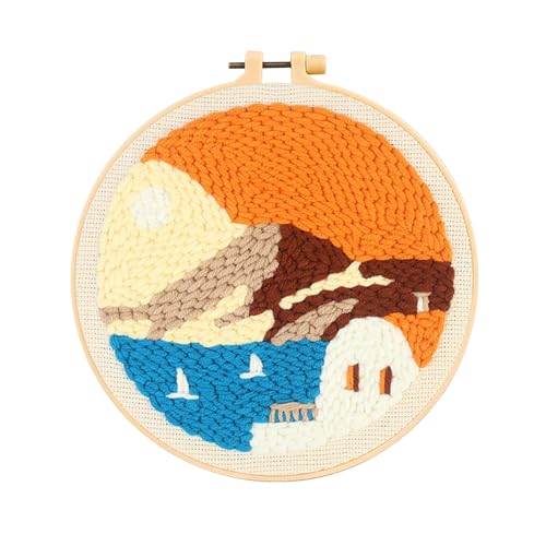 Sunset Seaside Punch Needle Kit for Beginners, Crochet Kit for Adult, All-in-One DIY Craft Set with Pre-Printed Fabric, Embroidery Hoop, Threads, Tools, Ideal Craft Gift, Home Decor - color: SUN-SET
