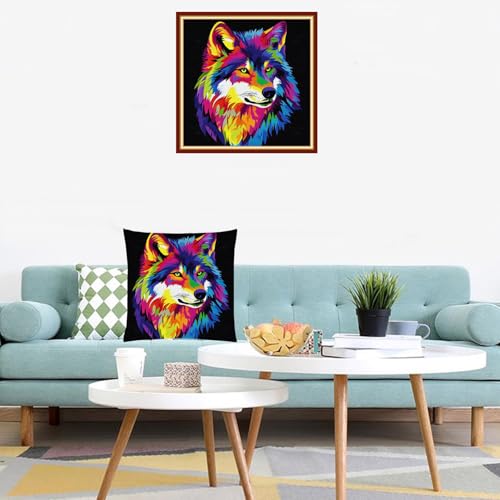 Lovxvouy Pillow Cross Stitch Kits for Adults Beginners-Preprinted Needlepoint Kit Stamped Crossstitching Kits 11CT Cross-Stitch Kit Stitches Kit Embroidery Kits-Colorful Wolf 18x18 inchs - color: ColorCraft18