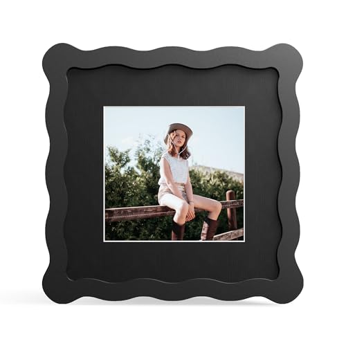6x6 Picture Frame with Mat for 4x4, Wavy Edge Wooden Real Glass Photo Frame for Tabletop and Wall Hanging, Black, 1 Pack - color: Black, size: 6x6 in