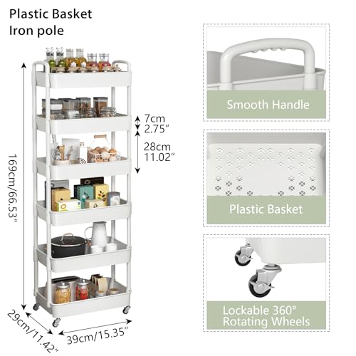 Sywhitta 6-Tier Plastic Rolling Utility Cart with Wheels for Storage,White - color: White, size: 6-tier