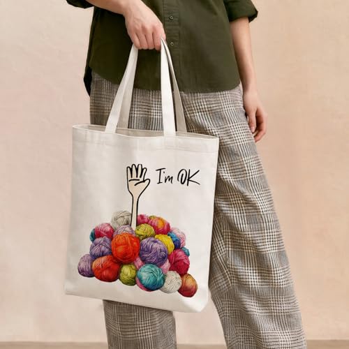 Cute Goose Crochet Canvas Tote Bag for Women - color: Fun Knitting