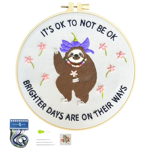 La glaneuse Embroidery Kit for Adult, Beginner Embroidery Kit with Cute and Funny Animal Pattern, Seven Simple Stitches to Get a Positive Sloth, Mental Health and Stress Relief Gift for Him/Her - color: Positive Sloth 03