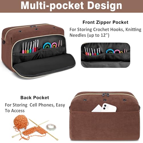 IBFUN Crochet Yarn Knitting Bag Organizer for Knit Accessories Hooks - color: L-Brown, size: Large