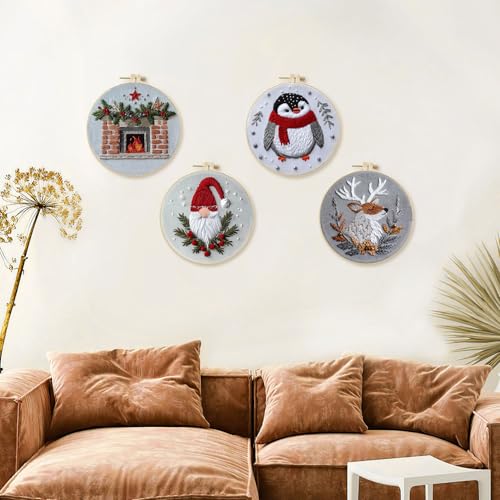 LB Christmas Gnome Embroidery Kit for Beginners: 4-Piece Cross Stitch Set with Penguin, Deer, Green Plant & Fireplace | Adults DIY Starter Kit Includes Hoop, Threads, Tools and Instructions - color: Grey