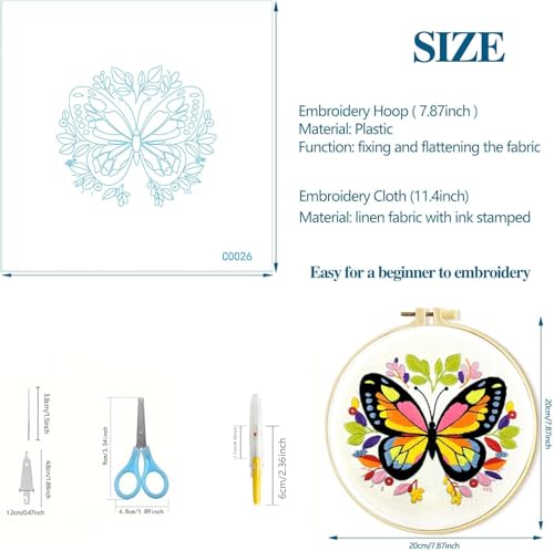 Zhenqing Butterfly Embroidery Kit 11.4x11.4 Inch - Complete Embroidery Set with Fabric, Threads, Needles & Hoop - Beginner-Friendly DIY Craft Kit for Adults (C0041) - color: C0041