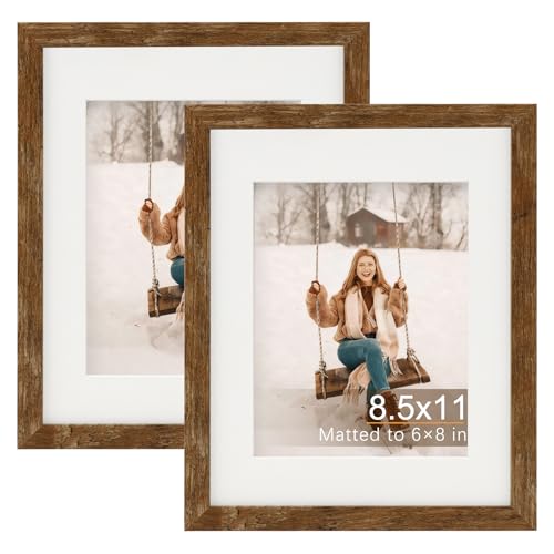 TOFOREVO 8.5x11 Picture Frames with 6x8 Mat Set of 2, Rustic Brown - color: Rustic Wood, size: 8.5x11