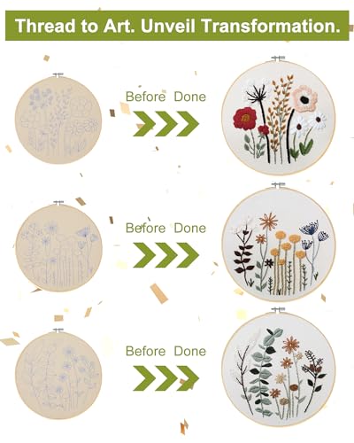 Santune 3 Sets Embroidery Kit,Cross Stitch Kits for Beginners,Needlepoint Kits for Adults with Easy Floral Pattern Hand Crafts,Hoop,Needle,Mothers Day Gifts - color: Flower Series