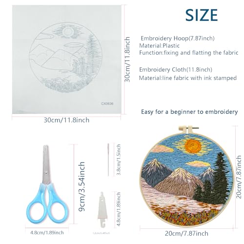 Zhenqing Mountain Sunrise Embroidery Kit for Beginners, Landscape Needlework Kit with Pre-Printed Fabric, Hoop, Threads & Tools, Cabin Wall Decor (S-CX0636) - color: Mountain Sunrise