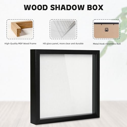 Muzilife 10x10 Shadow Box Wood Picture Frame, Tempered Glass, Black - color: Black, size: 10x10