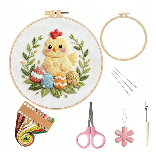 WaFtesh Embroidery Kits for Beginners Adult, DIY Hand Embroidery Cross Stitch Starter Set with Pattern, 3D Rabbit Needlepoint & Cross Stitch 7.9 Inch Hoop Threads, Needles, Instruction - color: Egg Garden