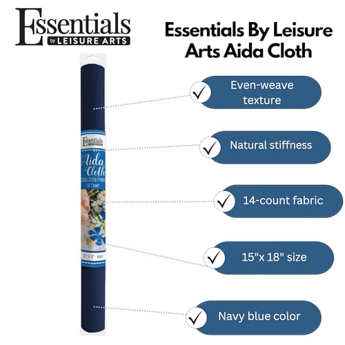 Essentials By Leisure Arts Aida Cloth, 18 Count, Navy, Cross Stitch Fabric, Embroidery Fabric, Cross Stitch Supplies for Crafting, Stitching, and Sewing Projects 15X18