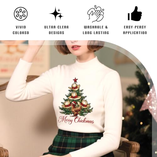 Dazoratix Chicken Christmas Iron on Transfers - 24 Sheets Funny DTF Ready to Press Heat Patches Coquettee Bow Merry Xmas Farm Stickers Vinyl Decals T Shirts Clothing Pillow Bag DIY Crafts Decorations - style: Chicken Christmas