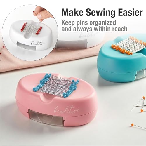Beaditive Magnetic Pin Cushion with Drawer - Strong Magnet Pin Holder Cushions for Sewing - 50 Glass Head Quilting Pins Included - Chic Pincushion Caddy for Sewing Pins, Paper Clips, Screws – Pink - color: Pink