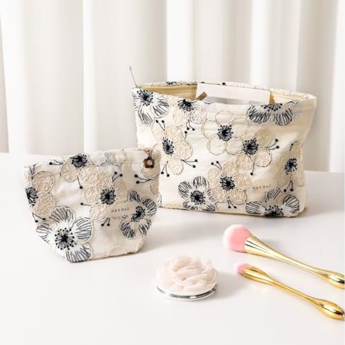 Embroidery Craft Makeup Bag with Zipper Floral Makeup Pouch 10×7 Inch - color: White and Black Flower