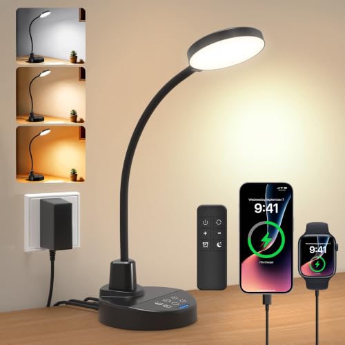 15W LED Desk Lamp with USB Charging Ports, [Button & Remote Control] Dimmable Table Lamp with 3 Color Modes, 5 Brightness Levels, 4 Timers, Flexible Reading Light for Home Office, Bedroom, Kids Study - color: Black, size: 3.5'' Lamp with Remote