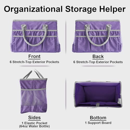 Cupohus Craft Organizer Tote Bag – Craft Caddy with 2 Mesh Side Pockets & Front Elastic Pockets, Foldable Large Capacity Supply Storage Bag for Sewing, Knitting, Painting, and Travel (Purple) - color: Purple