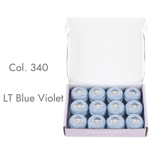 Rhapsody Pearl Cotton Size 8 Crochet Thread 12 Balls Egyptian Cotton Double Mercerized Hand Knitting, Embroidery, Sashiko, Cross-Stitch, Sewing, Needlepoint, DIY, Quilting (LT Blue Violet, Col. 340) - color: LT Blue Violet, Col. 340
