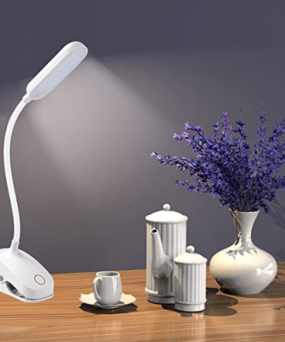 COLORLIFE Desk Lamp Clip On Light-7W 2600mAH Flexible Gooseneck Battery Operated Rechargeable Reading Lamp with Clamp & Stepless Brightness for Desk,Piano,Bed Headboard and Computers - color: White