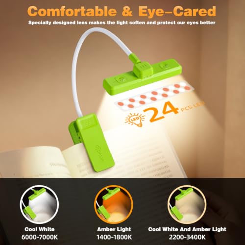 VAVOFO 24 LEDs Rotatable Book Light, Rechargeable Clip Reading Lamp - color: Neon Green