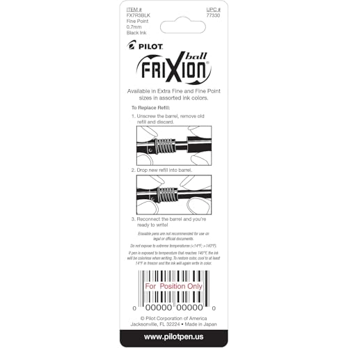 Pilot, FriXion Ball Gel Ink Refills for Erasable Pens 0.7 mm, Black, 3-Pack - size: 3 Count (Pack of 1)