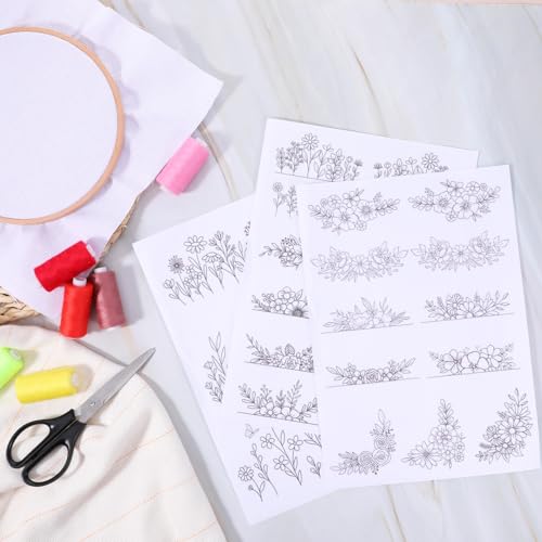 Water Soluble Embroidery Stabilizer 3 Sheets Water Soluble Stabilizer for Embroidery Patterns Stick and Stitch Embroidery-Paper Designs Transfer Paper with Pre-Printed Flower Leave for Hand Sewing